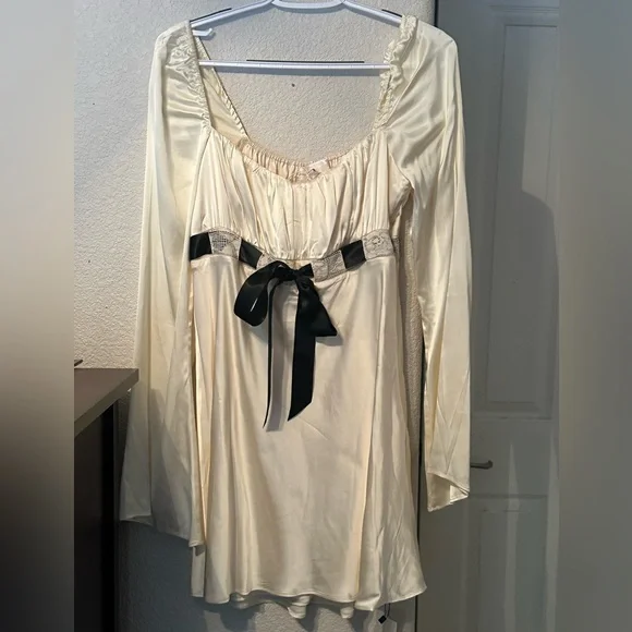 Brand New Stone Cold Fox Elegant Silk Babydoll Dress with Silk Black Ribbon Bow